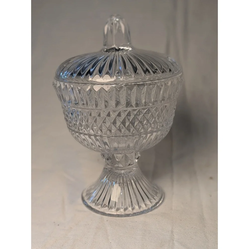 Vintage Clear Pressed Glass Candy Dish Diamond Point Footed Compote with Lid